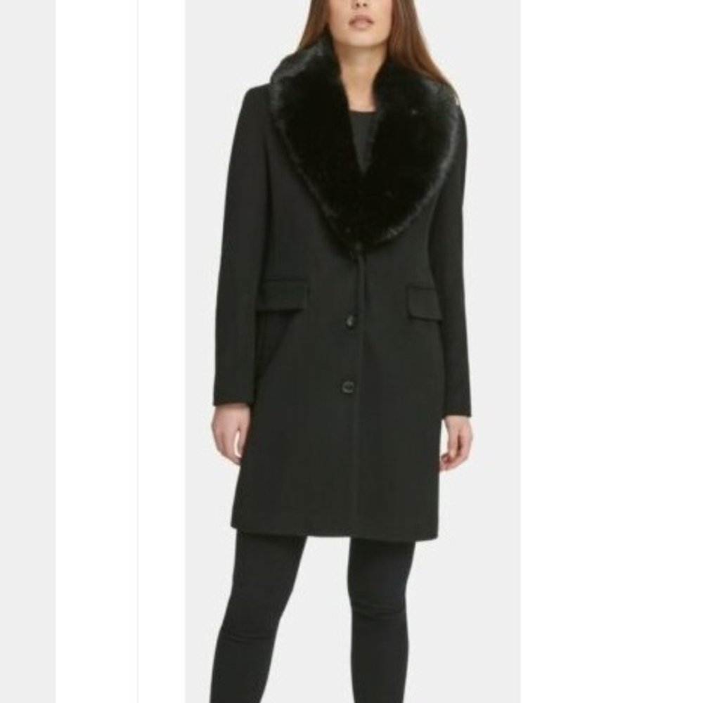 Dkny Single-Breasted Faux-Fur Shawl Collar Coat | Black - Small